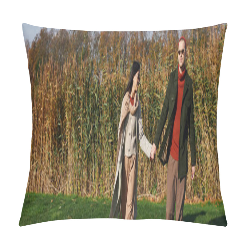 Personality  A Loving Couple Walks Hand In Hand, Surrounded By Vibrant Autumn Foliage Under Clear Skies. Pillow Covers