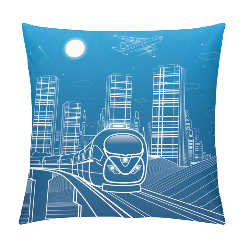 Personality  Train Move On The Bridge, Mountains, Night City On Background, Towers And Skyscrapers, Infrastructure And Transport Illustration, Airplane Fly, White Lines, Vector Design Art Pillow Covers