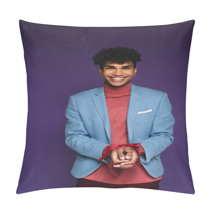 Personality  Happy African American Man Tied With Red Ribbon On Purple  Pillow Covers