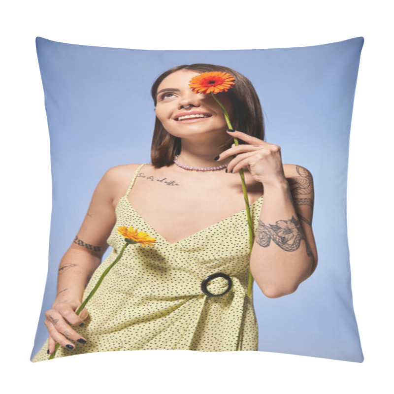 Personality  A Serene Young Woman With Brunette Hair In A Bright Yellow Dress Gracefully Holds A Delicate Flower. Pillow Covers