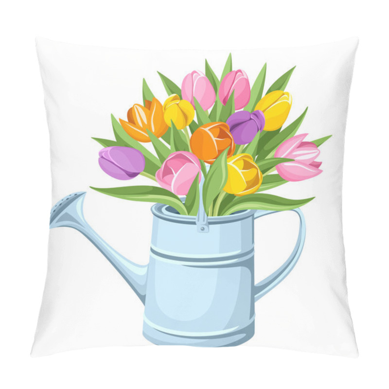 Personality  Bouquet Of Tulips In Watering Can. Vector Illustration. Pillow Covers