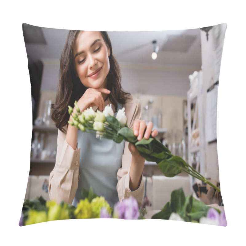 Personality  Happy Florist Holding Eustoma In Flower Shop Near Flowers On Blurred Foreground Pillow Covers