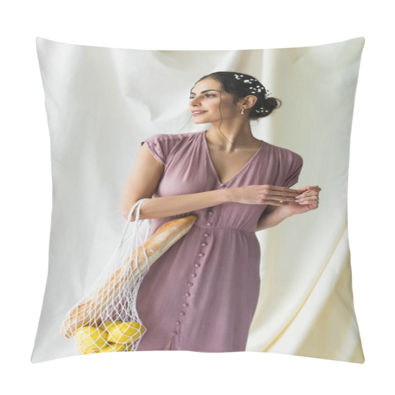 Personality  Happy Woman Holding Reusable String Bag With Lemons And Baguette On White  Pillow Covers