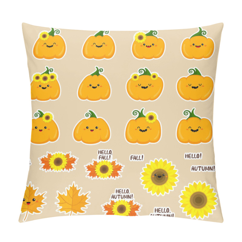 Personality  Set Of Autumn Vector Stickers. Pumpkins With Sunflowers, Maple Leaves. For Thanksgiving Day. Cute Vector Illustration. Cartoon Style. Text. For Magnets, Prints, Postcards. Smiling Funny Symbols. Pillow Covers