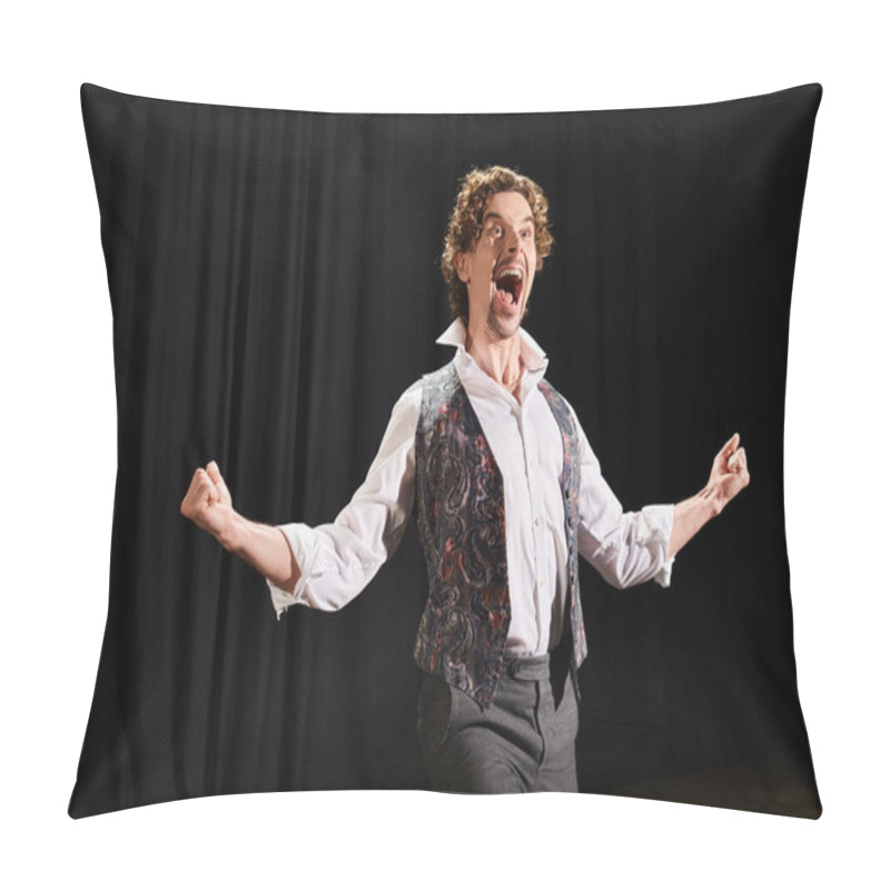 Personality  A Man In A Vest And Tie Expresses Intense Emotion Through A Powerful Scream. Pillow Covers