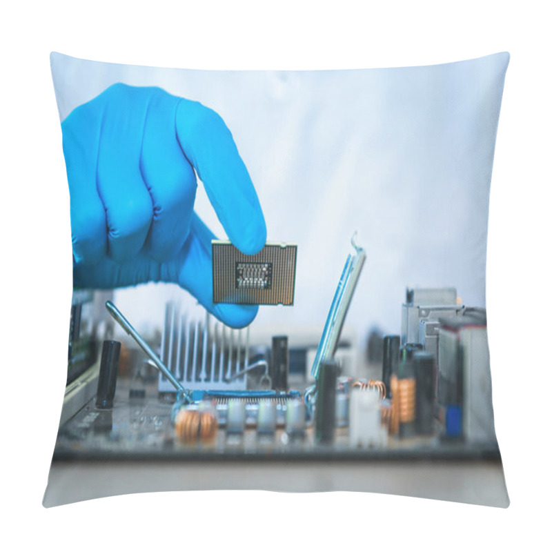 Personality  Close Up Of Scientist Hand Holding Computer Microchip., Technology Computer Concept. Pillow Covers