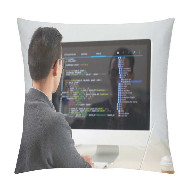 Personality  Rear View Of Young Programmer Sitting At The Table In Front Of Computer Monitor And Developing New Application At Office Pillow Covers