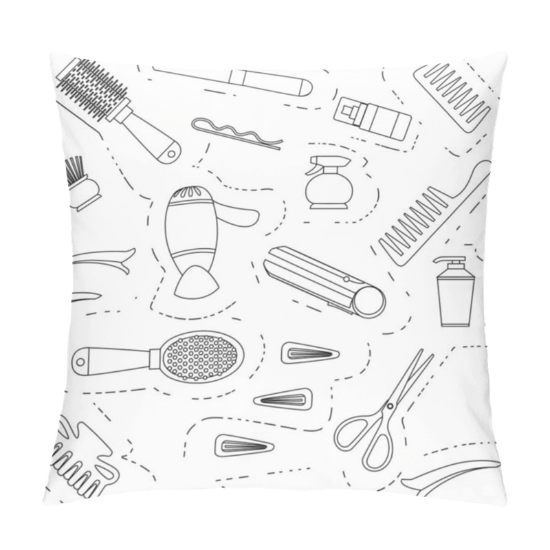 Personality  Outline Seamless Pattern Of Professional Hairdresser And Barber Equipment Tools Hairdressing Tools Scissors Hairpin Vector Illustration On White Background. Pillow Covers