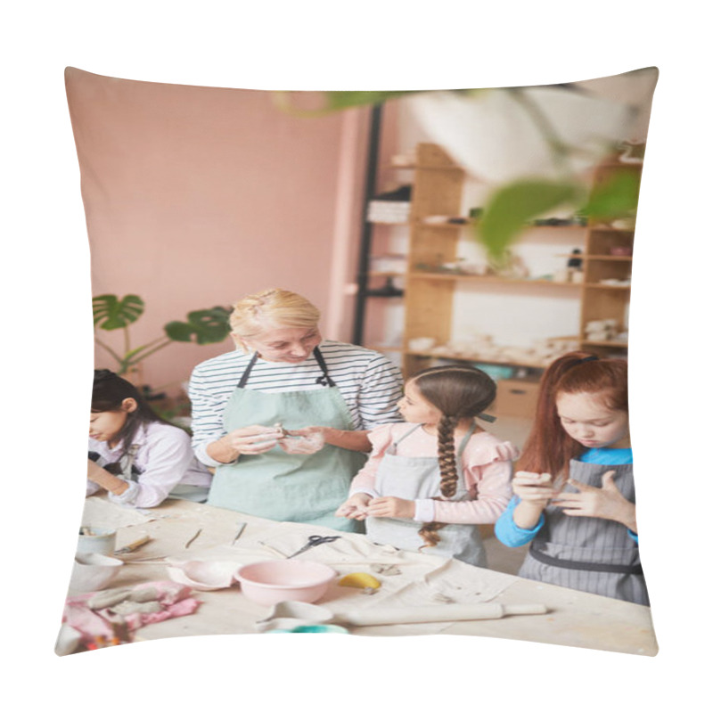 Personality  High Angle View At Group Of Children Making Handmade Ceramics In Pottery Class, Copy Space Pillow Covers