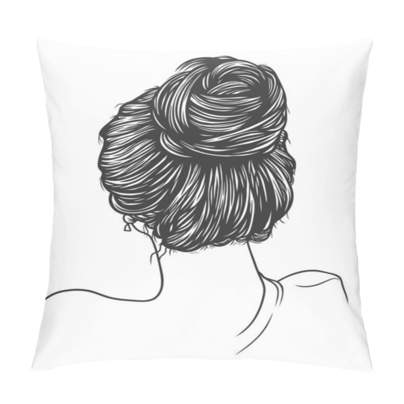 Personality  Head And Shoulder Back View Of Young Woman With Messy Bun - Vector Line Art Illustration Pillow Covers