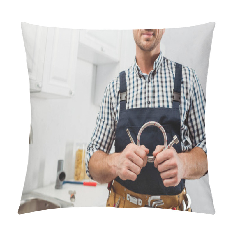 Personality  Cropped View Of Plumber In Workwear And Tool Belt Holding Metal Pipe In Kitchen  Pillow Covers