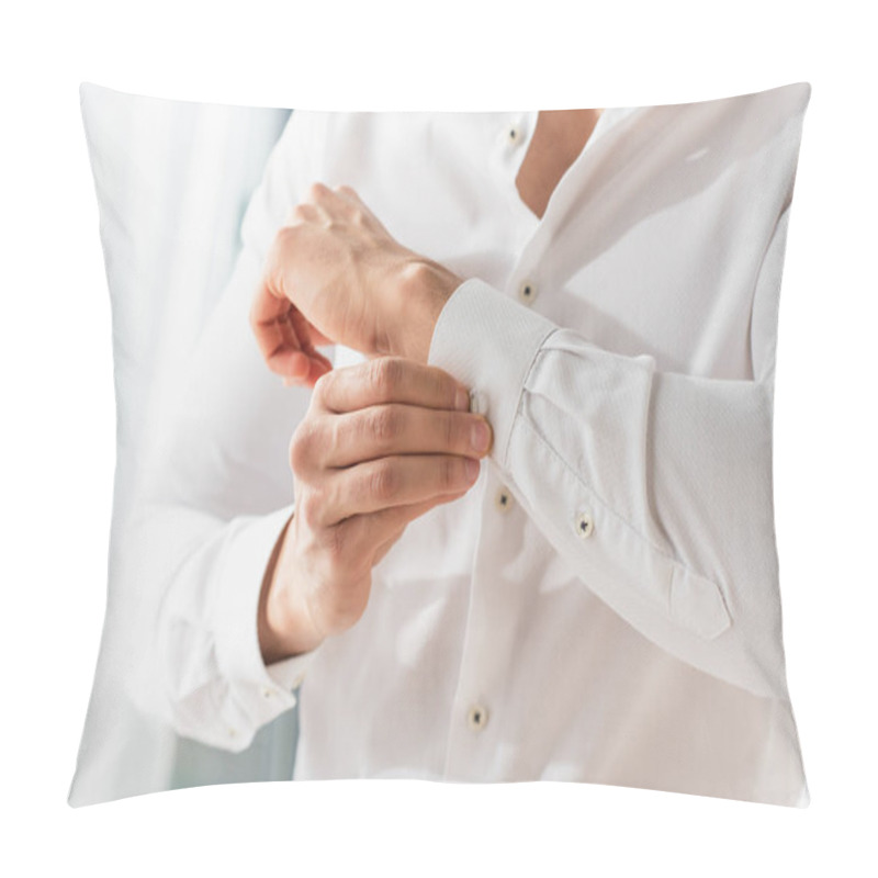 Personality  Cropped View Of Man Buttoning Cuff Of White Shirt  Pillow Covers