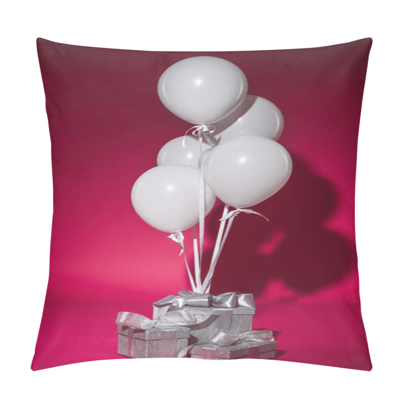 Personality  Bundle Of White Balloons And Silver Gift Boxes On Burgundy Pillow Covers