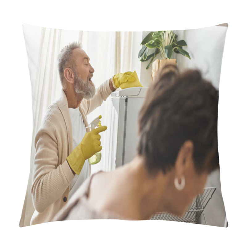 Personality  Mature Couple Shares Joyful Moments While Cleaning And Tending To Their Indoor Plants. Pillow Covers