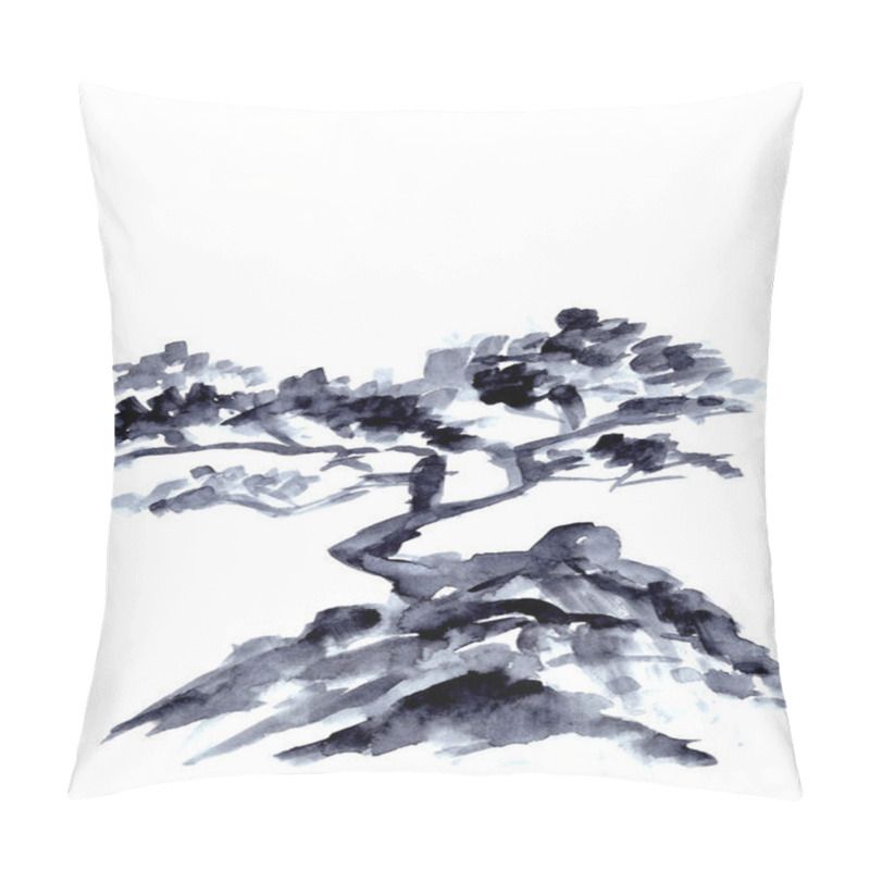 Personality  Pine Tree On The Rock Monochrome Black And White Chinese Style Ink Drawing Pillow Covers