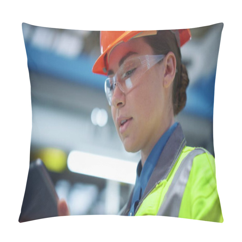 Personality  Closeup Supervisor Working Manufacturing Company In Safety Uniform. Tech Concept Pillow Covers