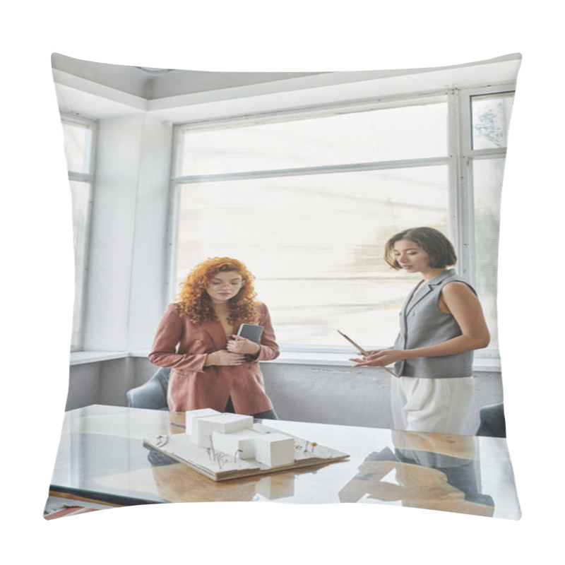 Personality  Redhead Architect And Young Investor Talking Near Building Model In Office, Project Presentation Pillow Covers