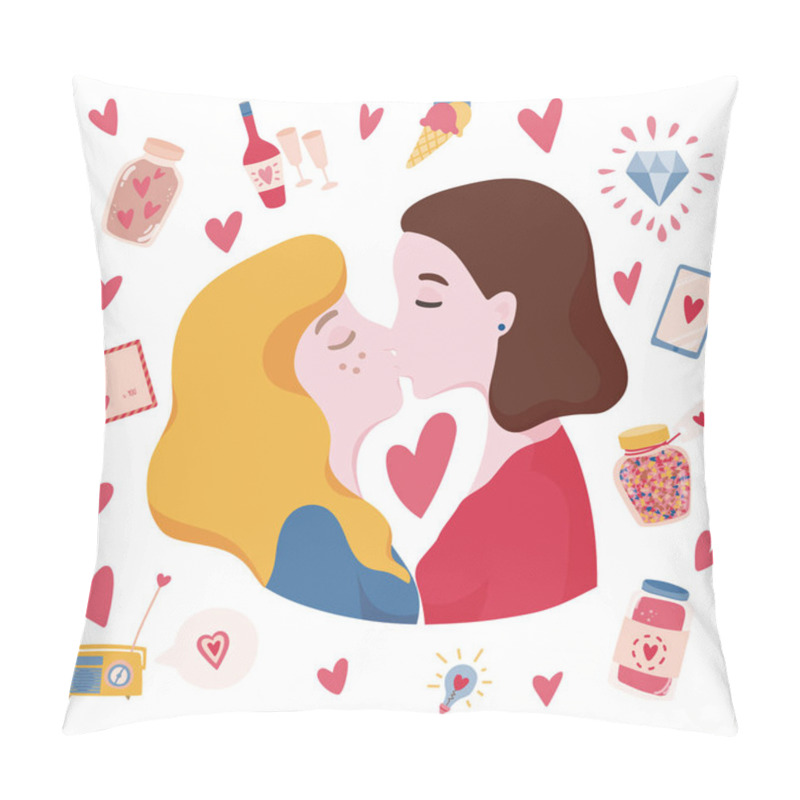 Personality  Lesbian Women In Love. Romantic Couple Kissing. Cartoon Hand Drawn Style Pillow Covers