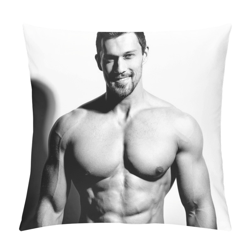 Personality  Portrait Of Strong Healthy Handsome Athletic Man Fitness Model Posing Near White Wall Pillow Covers