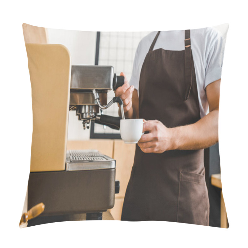 Personality  Cropped View Of Handsome Barista Holding Cup And Making Coffee With Machine In Coffee House Pillow Covers