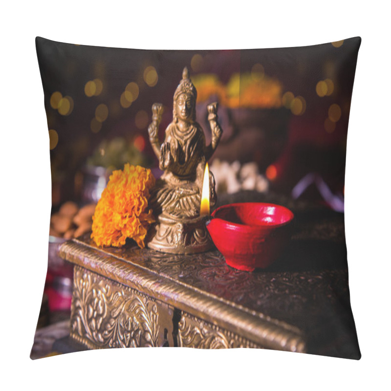 Personality  Oil Lamp Or Diya With Crackers, Sweet Or Mithai, Dry Fruits, Indian Currency Notes, Marigold Flower And Statue Of Goddess Laxmi Or Lakshmi On Diwali Night Pillow Covers