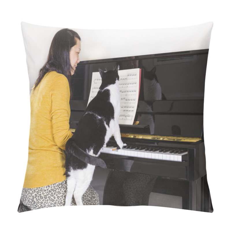 Personality  Mature Woman Playing Piano With Her Family Cat Pillow Covers