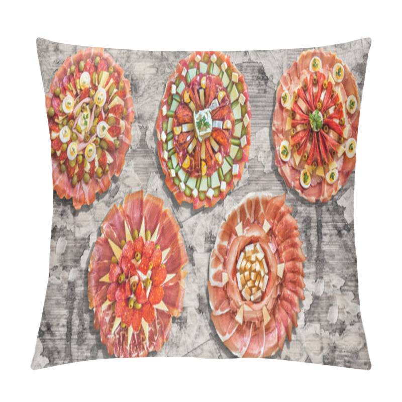 Personality  Traditional Welcome Garnished Appetizer Savory Dishes Exhibited On Rustic Old Weathered Cracked Flaky Garden Table Grunge Surface Pillow Covers