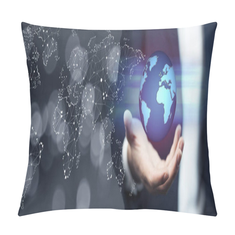 Personality  Businessman With Globe Icon.  Global Network And Data Exchanges Over The World Pillow Covers