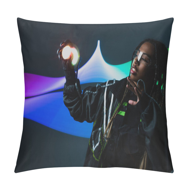 Personality  African American Woman In Smart Glasses Holding Lights On Grey Background With Abstraction  Pillow Covers