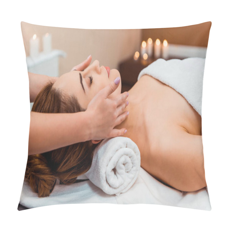 Personality  Side View Of Young Woman Having Facial Massage In Spa Salon Pillow Covers