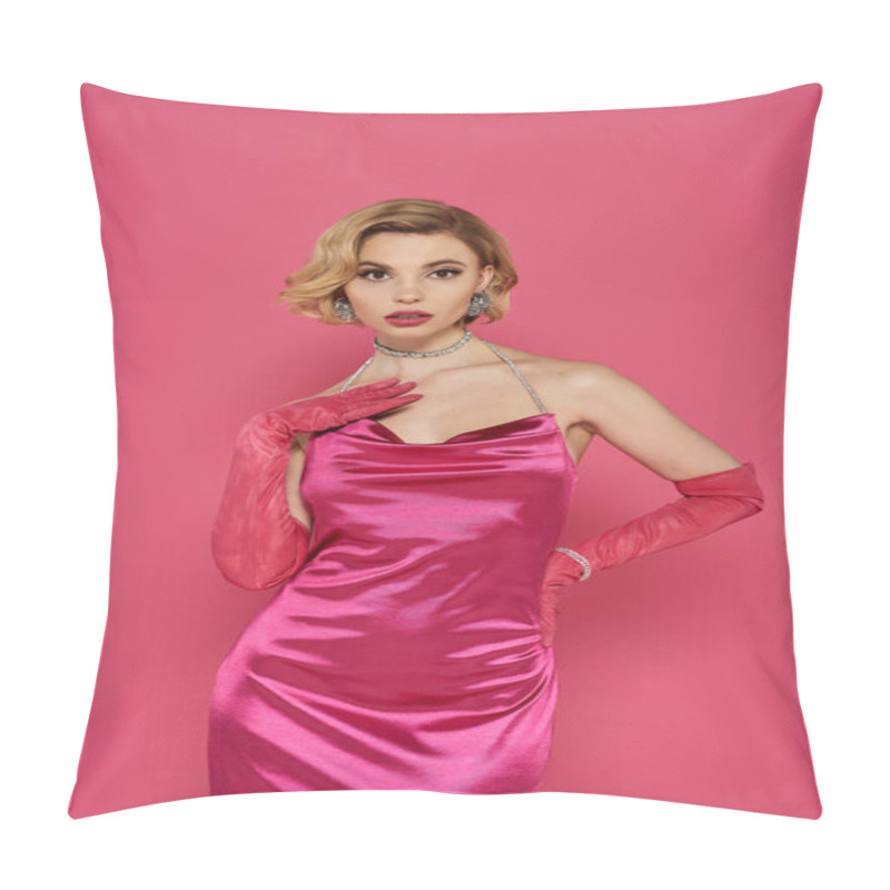 Personality  A Woman In A Vibrant Fuchsia Dress Poses Against A Pink Backdrop. Pillow Covers