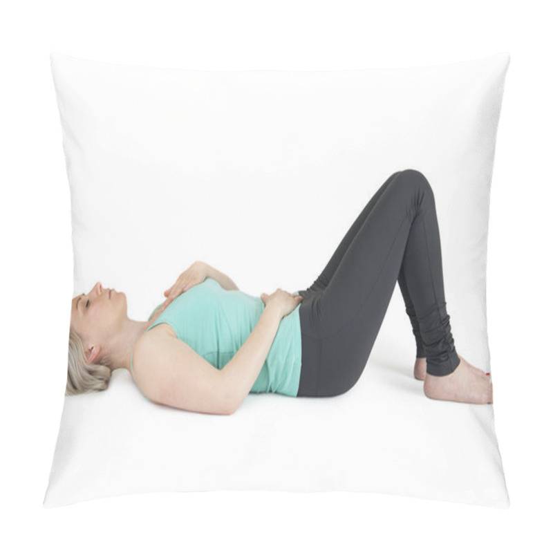 Personality  Full Body View Of A Young Blonde Woman Doing Yoga Exercises Against A White Background With Light Shade Pillow Covers