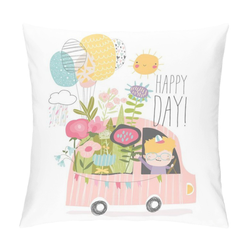 Personality  Little Boy Driving A Car With Flowers Pillow Covers