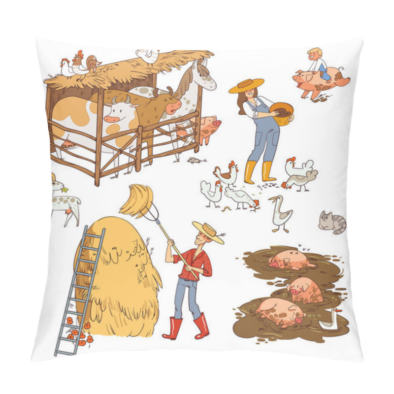 Personality  Farm Life And Farm Animals. Funny Cartoon Character. Vector Illustration. Isolated On White Background Pillow Covers