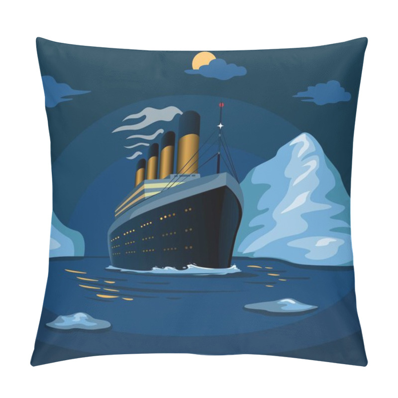 Personality  Titanic Cruise Ship Sail In Sea Iceberg In Night Scene Illustration In Cartoon Vector Pillow Covers