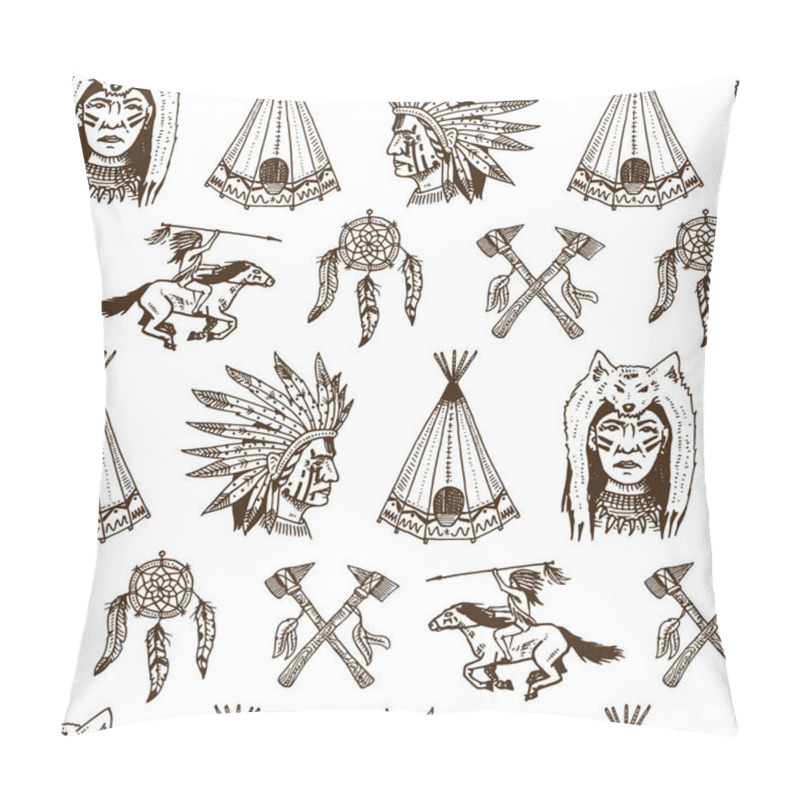 Personality  Indian Or Native American. Seamless Pattern. Axes And Tent, Dreamcatcher And Cherokee, Tomahawk. Set Of Engraved Vintage, Hand Drawn, Old, Labels Or Badges. Pillow Covers