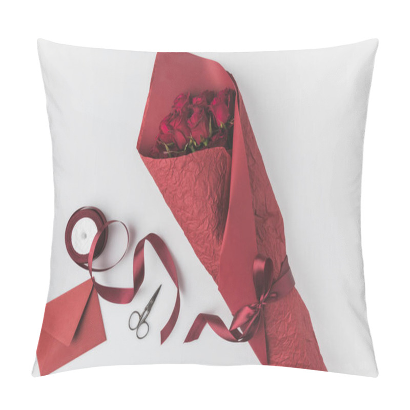 Personality  Flat Lay With Bouquet Of Roses, Ribbon And Envelope Isolated On White, St Valentines Day Holiday Concept Pillow Covers