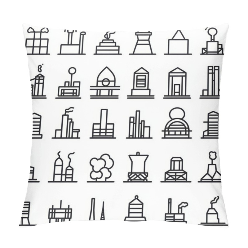 Personality  A Collection Of Black And White Line Icons Depicting Various Architectural Structures And Industrial Designs. Pillow Covers