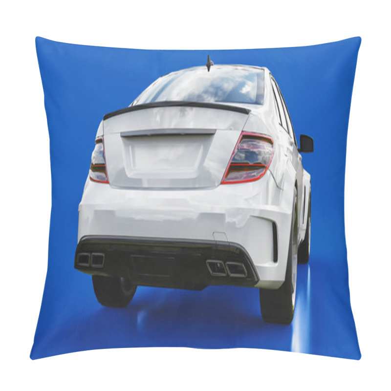 Personality  Super Fast White Sports Car On A Blue Background. Body Shape Sedan. Tuning Is A Version Of An Ordinary Family Car. 3d Rendering Pillow Covers