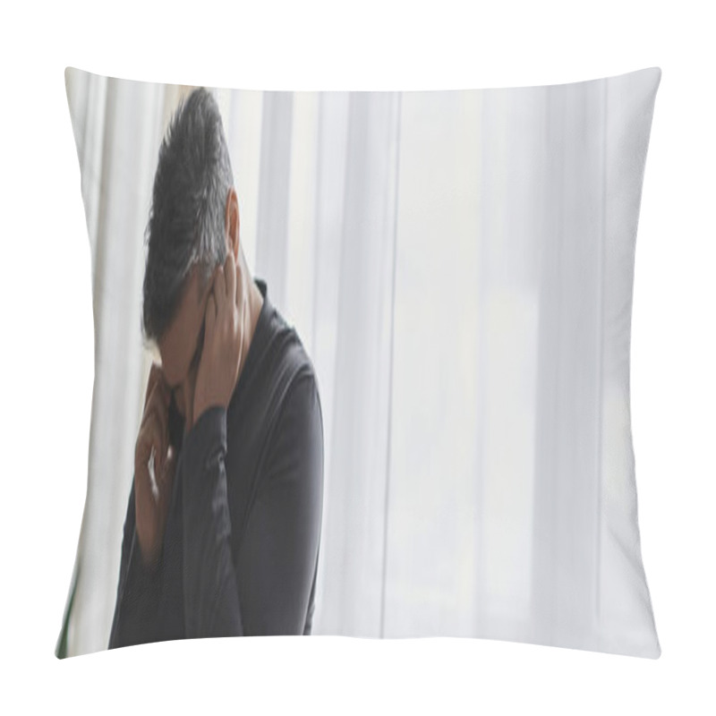 Personality  A Handsome Man With A Pained Expression Speaks On The Phone, Seemingly Troubled By News. Pillow Covers