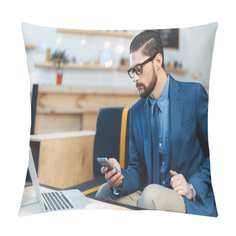 Personality  Businessman Using Laptop In Cafe Pillow Covers