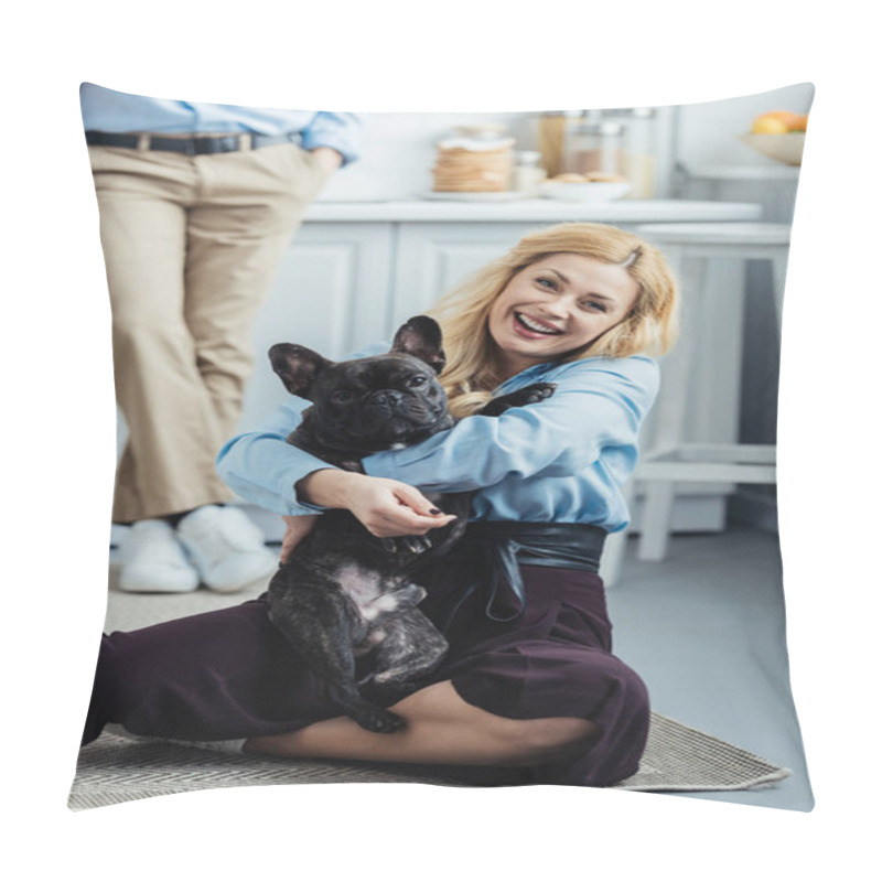 Personality  Man Standing By Happy Woman Hugging French Bulldog On Kitchen Floor Pillow Covers