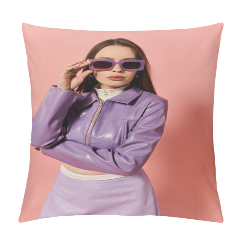 Personality  Woman Exudes Style And Confidence With Her Vibrant Purple Attire And Playful Sunglasses. Pillow Covers