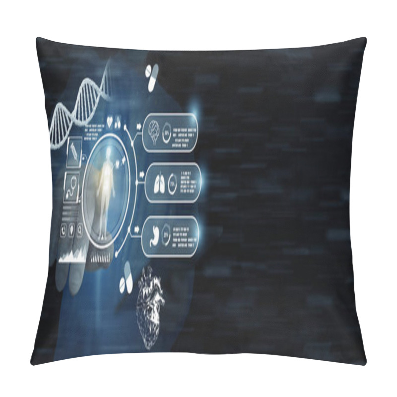 Personality  A Doctor Or Surgeon Taps On A Tablet With Medical And Healthcare Icons Flying Around On Dark Background Featuring Medical Technology.  Pillow Covers