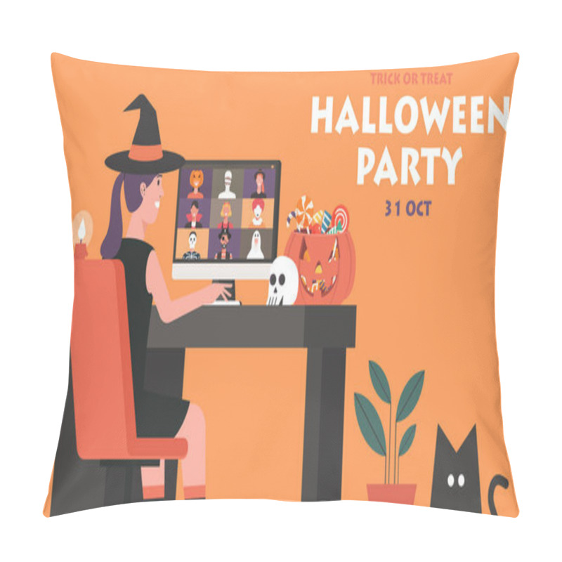 Personality  Woman In Witch Dress Having Video Call To Celebrate Online Halloween Party On Computer At Home Together With Her Friends In Horror Costumes, Banner Flat Illustration Pillow Covers