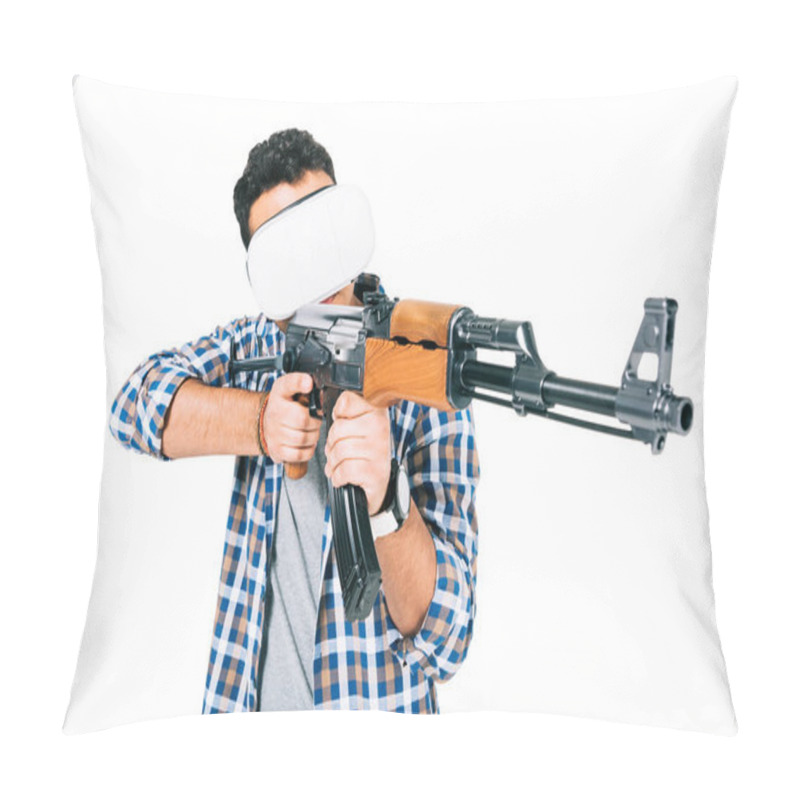 Personality  Man In Virtual Reality Headset With Rifle Pillow Covers