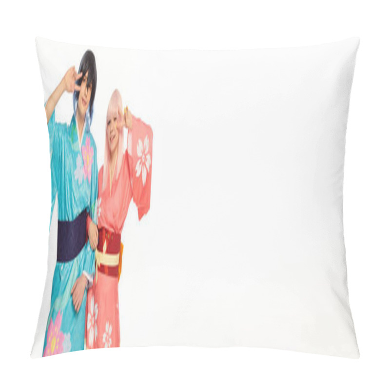 Personality  Joyful Anime Style Couple In Bright Kimonos Showing Victory Sign On White, Horizontal Banner Pillow Covers