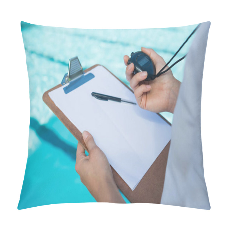 Personality  Swim Coach Looking At Stopwatch At Poolside Pillow Covers