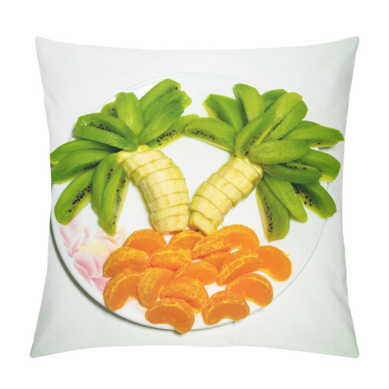 Personality  A Playful Fruit Arrangement Features Banana Trunks Topped With Green Kiwi Leaves, Surrounded By Vibrant Orange Slices, Creating A Tropical Look On A White Plate. Pillow Covers