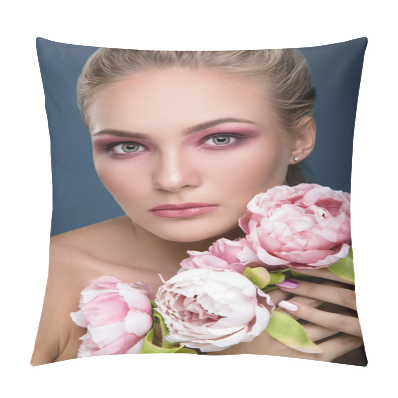 Personality  Woman Holding Peonies Near Her Chest Pillow Covers